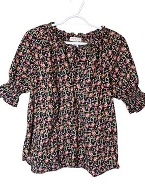 Rachel Zoe Floral Peasant Blouse Size M Black Pink Green Boho Ruffle Top